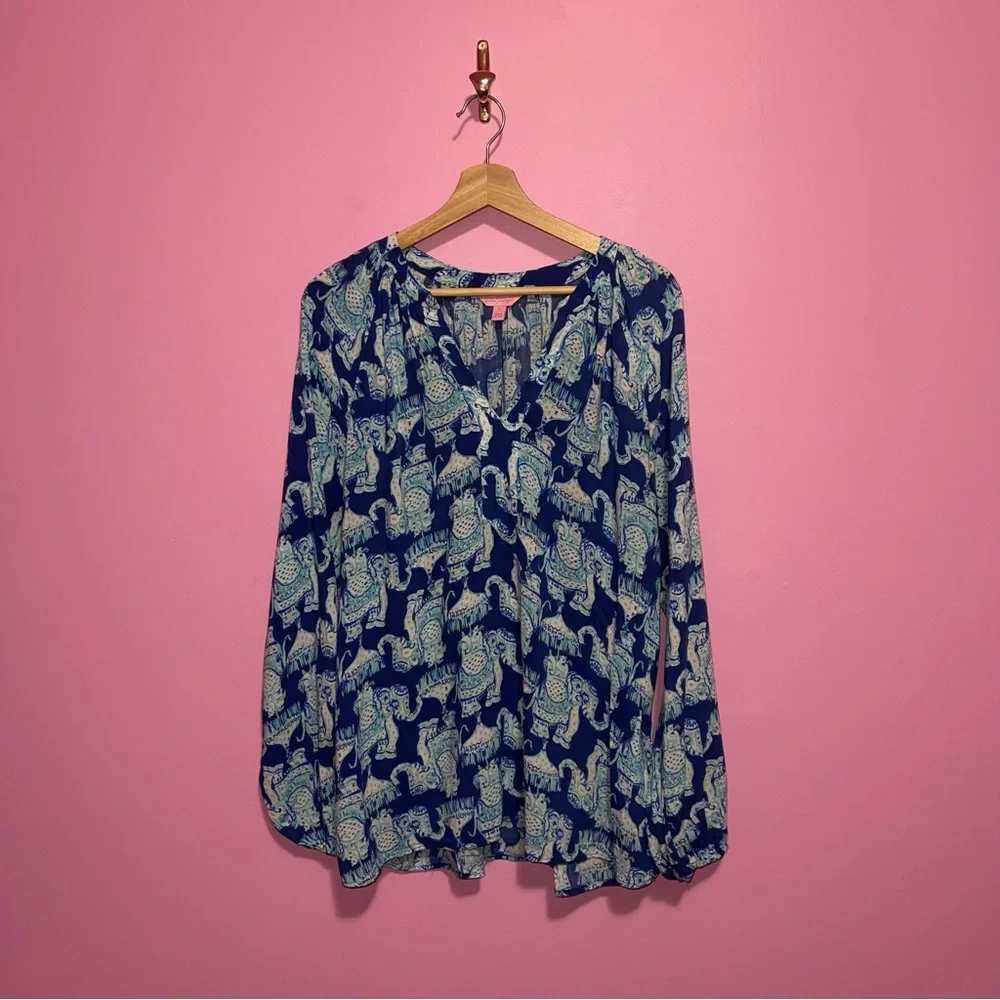 Lilly Pulitzer Martinique Joy Ride Blue Elephant Print Top Women’s Large - Picture 2 of 7